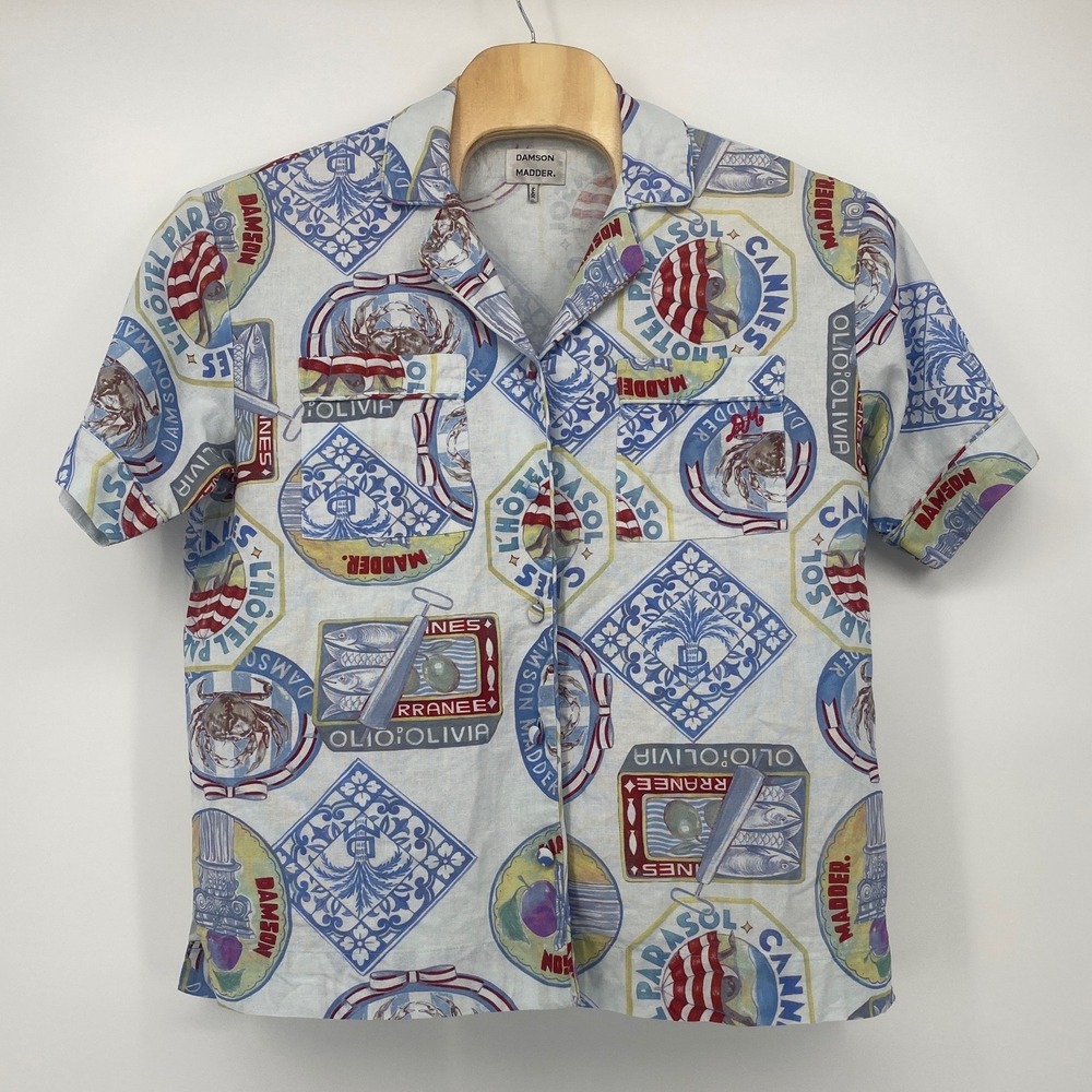 Damson Madder Shirt 16 White Multi Graphic Coastal Short Sleeve SS25-DM-1261